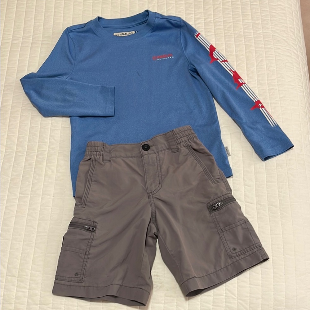 Magellan Outdoors Boys Kids Gray Blue Long Sleeve Shirt Short Set Size XS